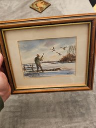 Framed Signed Watercolor Duck Hunting   E89