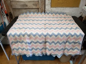 43' X 36' Crocheted Pink White And Blue Blanket C1