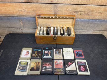Vintage 8-track Tapes In A Wooden Storage Box Lot Of 23  (d2)