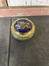 Vintage Blue Floral Enamel And Brass Footed Musical Trinket Box (C2)
