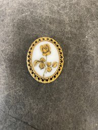 Vintage Oval Porcelain Rose Brooch (C2)