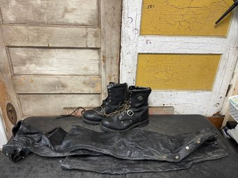 Harley Davidson Boots Size 11 & Hot Leather Chaps Size Small Lot Of 2 (H3)