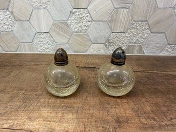 Vintage Pair Of Round, Crackle Glass Salt And Pepper Shakers A2