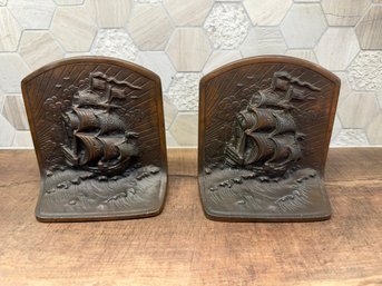 Vintage Galleon At Sea Bas-relief Bookends B1