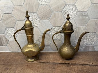 Vintage Hand-etched Solid Brass Aftaba Ewers Lot Of 2 B1