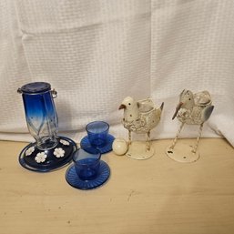 Blue Glass & Bird-Themed Decorative Collection