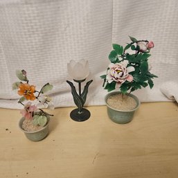 Decorative Jade Petal Trees & Metal Flower Accent