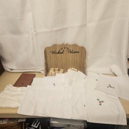 Vintage Doily Collection With Wooden Display & Greek Life Book