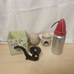 Eclectic Decorative Accent Set With Vintage Soda Syphon