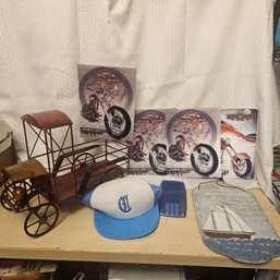 Decorative & Collectibles Lot  Wire Truck, Bike Posters & Sailing Boat