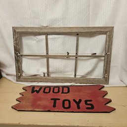 Wooden Decor Lot – “Wood Toys” Sign & Empty Window