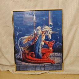 Framed Fantasy Artwork – Wizard, Pegasus & Dragon