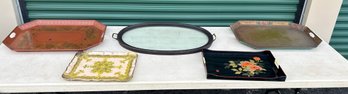 5 Antique And Vintage Trays: Toleware, Glass & Enamel