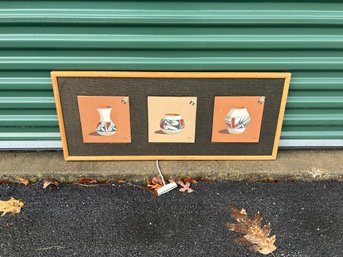 Vintage Signed Native American Triptych Sand Painting Of Acoma Pottery