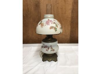 Antique Converted Kerosene Lamp Bronze Base & Hans Painted Shade