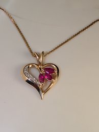 14k Heart Diamond And Gem Pendant With 14k Chain - 2.82 Grams (lot 73M)