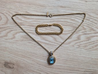 Gold Tone Bracelet And Necklace With Blue Rhinestone (21M)