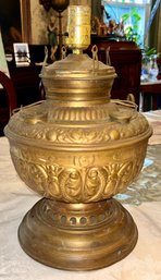 Large Antique Brass Oil Lamp, Electrified. 14 Inches Tall