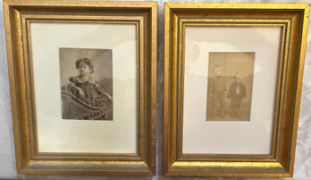 2 Matching Gold Frames W/ Antique Children's Photos, W/ Glass,