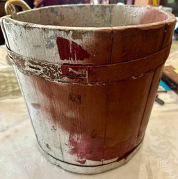 Antique Wooden 12 Inch Country Sap Bucket In Red & Silver Paint