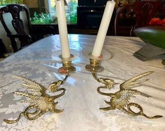 Pair Of Vintage Brass Dragon Candle Holders, Each 8 Inches Long