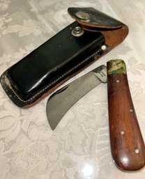 Single Blade Wood Handle Pocket Knife W/ Leather Sheath