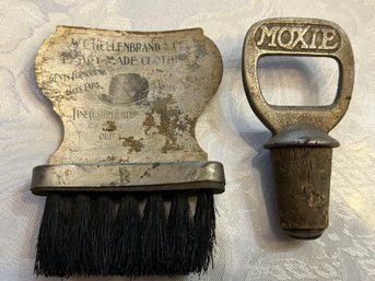 2 Antique Advertising - Hellenbrand Clothers, Hats, Moxie Bottle Opener