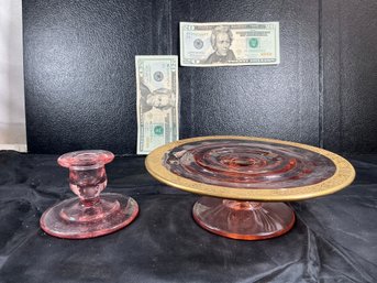 Vintage Pink Depression Glass Serving Set Cake Stand And A Matching Candle Holder
