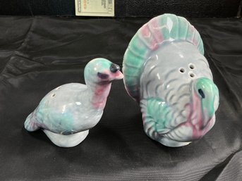Vintage Ceramic Turkey Salt And Pepper Shakers, Featuring A Pastel 'flow Blue' Style Glaze