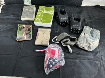 Military Mixed Lot - Military Books, D.O.C. Cases, Ammo Pouch, Hook, Miniature Flag