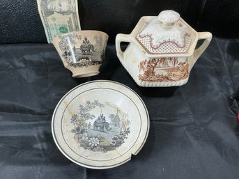 Antique C Hi P And Small Bowl Transferware - Elephant, India Scene, Transferware Sugar Bowl Garden Scene
