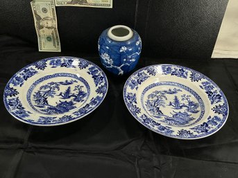 Two Antique Adams Tunstall Flow Blue Willow Shanghai Ironstone Plates And Antique Ginger Jar
