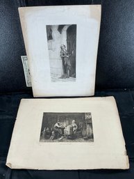 Two Antique French Engravings - 'Marguerite Betrayed' And 'Interior De Village'