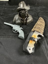 Cowboy Bust 5 In Height, Hubley Tex Cap Gun, Hunting Knife