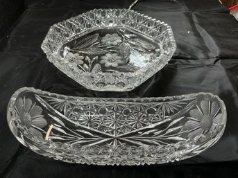 Vintage American Brilliant Cut Crystal Octagon Bowl And Oval Dish Feature Intricate Etched Floral Designs