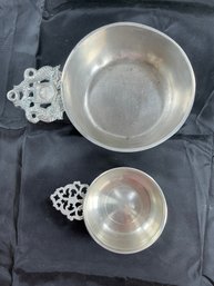 Two Pewter Porringer Bowls With Ornate Handles