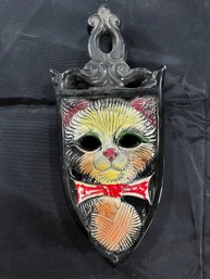 Vintage Ceramic Wall Trivet Features A Kitschy Kitten Design With A Bright Red Bowtie And A Ball Of Yarn