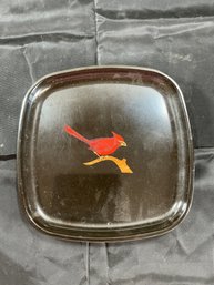 Vintage Couroc Of Monterey Black Serving Tray Features A Hand-inlaid Red Cardinal Design
