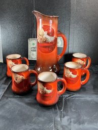 Antique 12' Tall Beer Drinking Pitcher And Mug Set Featuring A Hand-painted Monk Design