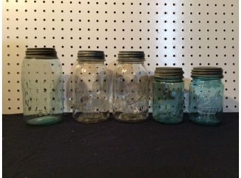 Lot Of 5 Antique Jars With Zinc Lids 2 Ball, Drey, C1858 Mason