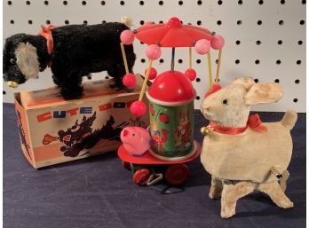 3 Vintage JAPAN WINDUP TOYS - Dog W/ Box, Bunny W/ Key, Whirlybird