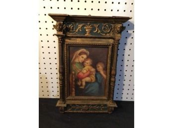 Antique Oil Painted Madonna And Child, In Antique Original Ornate Frame, 19th Century