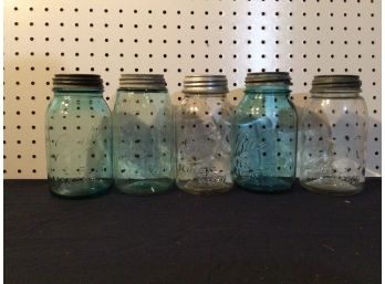 Lot Of 5 Mason Jars With Zinc Lids, Antique, Various Colors