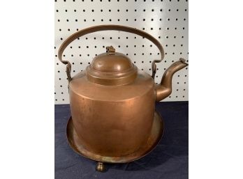 Antique 19th Century COPPER TEAPOT With Footed Under Tray