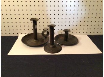 Three 18th Century - Tin Candle Sticks, Pushup, Chamberstick