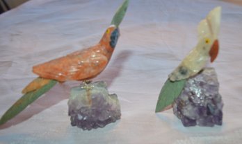 Stunning Scarlet Macaw & Moluccan Cockatoo Carved Stone On Amethyst