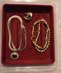 Black Glass ,Onyx, And  Pearl Pendants Plus Sterling Necklace