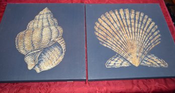 Stylish Golden Seashells Painted On Navy Canvas