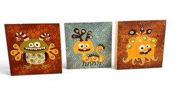 Set Of Three Zomsters Prints On Wood