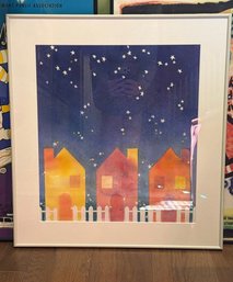 Large Framed Original Watercolor Art By Theresa McLean Whimsical Starry Night Watercolor Print